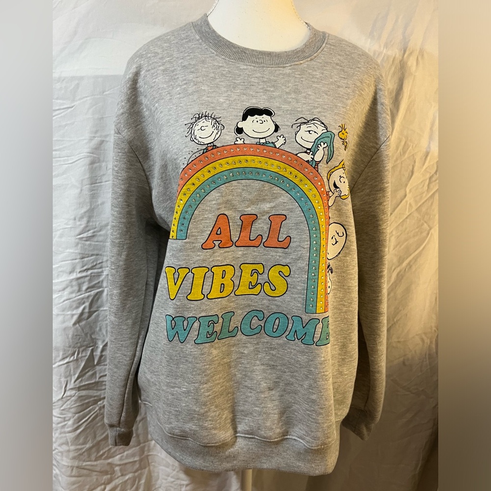 VINYL ICONS Cute Casual Peanuts Snoopy Rhinestone Graphic Grey Sweatshirt
